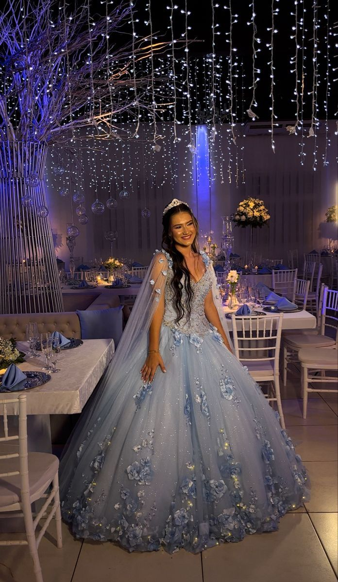 Gorgeous V Neck Blue Tulle Beaded Sequin Appliques Quinceanera Dress Sweet 16 Dress D1006