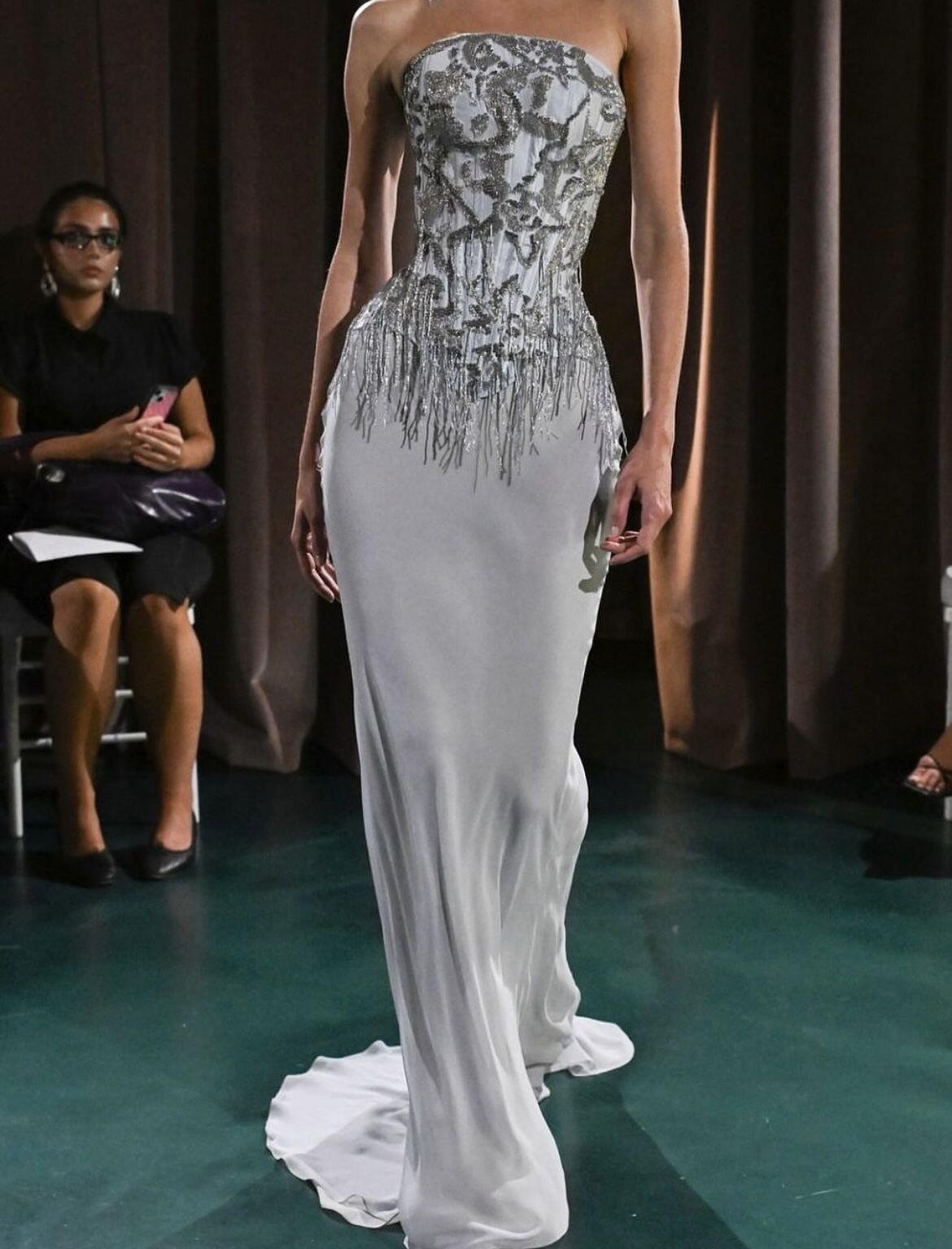 Elegant Strapless Silver Grey Chiffon Beaded Tassel Mermaid Prom Dress Long Evening Dress D5177