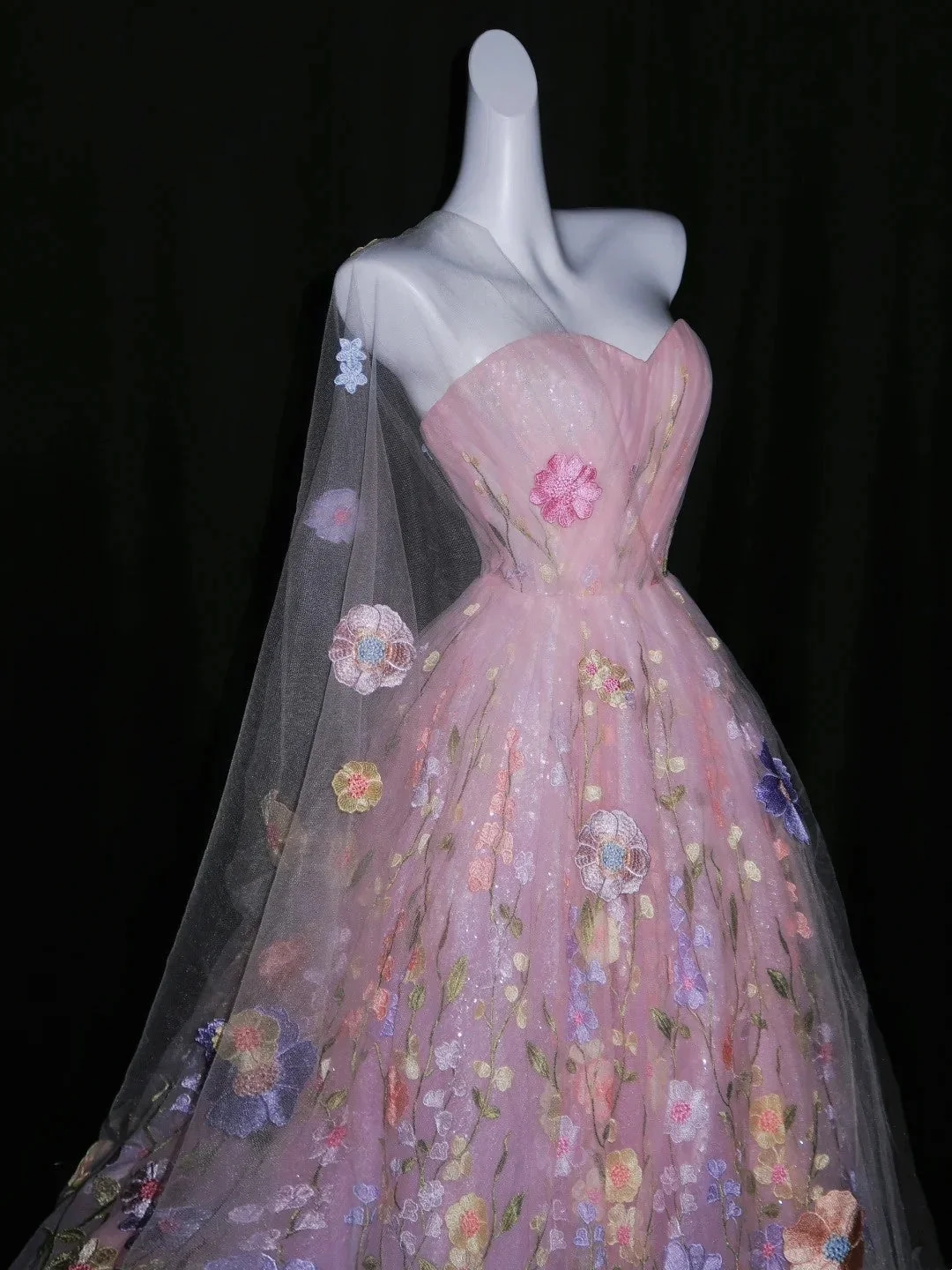 Pretty Strapless Pink Sleeveless Floral Tulle Long Prom Dress Birthday Party Dress D4264