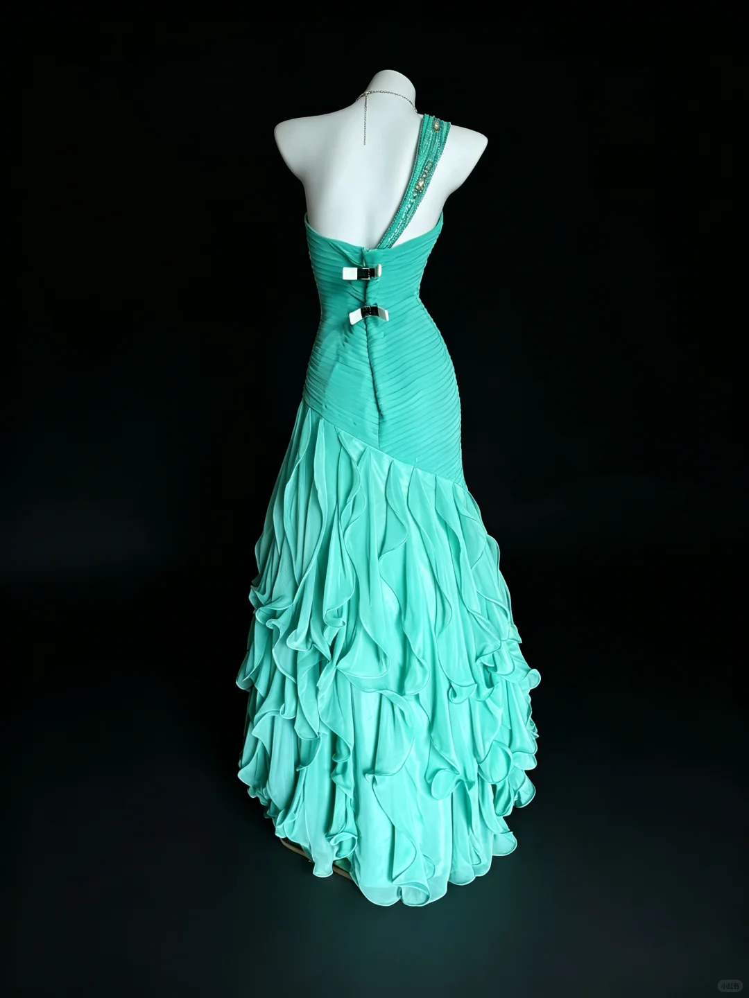 Classy Cyan Satin Pleated Chiffon Ruffle Long Evening Dress One Shoulder Mermaid Birthday Party Dress D5290