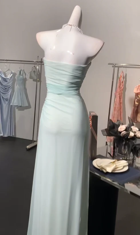 Classy Light Blue Strapless Chiffon Sheath Long Wedding Guest Dress Formal Evening Dress Birthday Prom Gown D1892