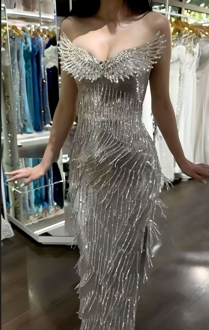 Luxurious Silver Sequin Beaded Tassel Long Evening Dress Strapless Long Prom Gown D4691