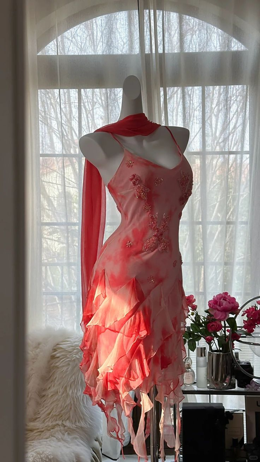 Gorgeous Spaghetti Straps Beaded Chiffon Irregular Ruffles Short Party Dress Homecoming Dress S675