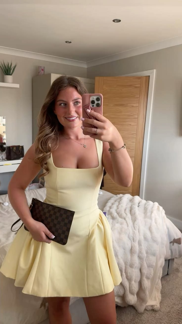 Cute Square Neck Yellow Satin A Line Short Homecoming Dress Birthday Outfits D3570