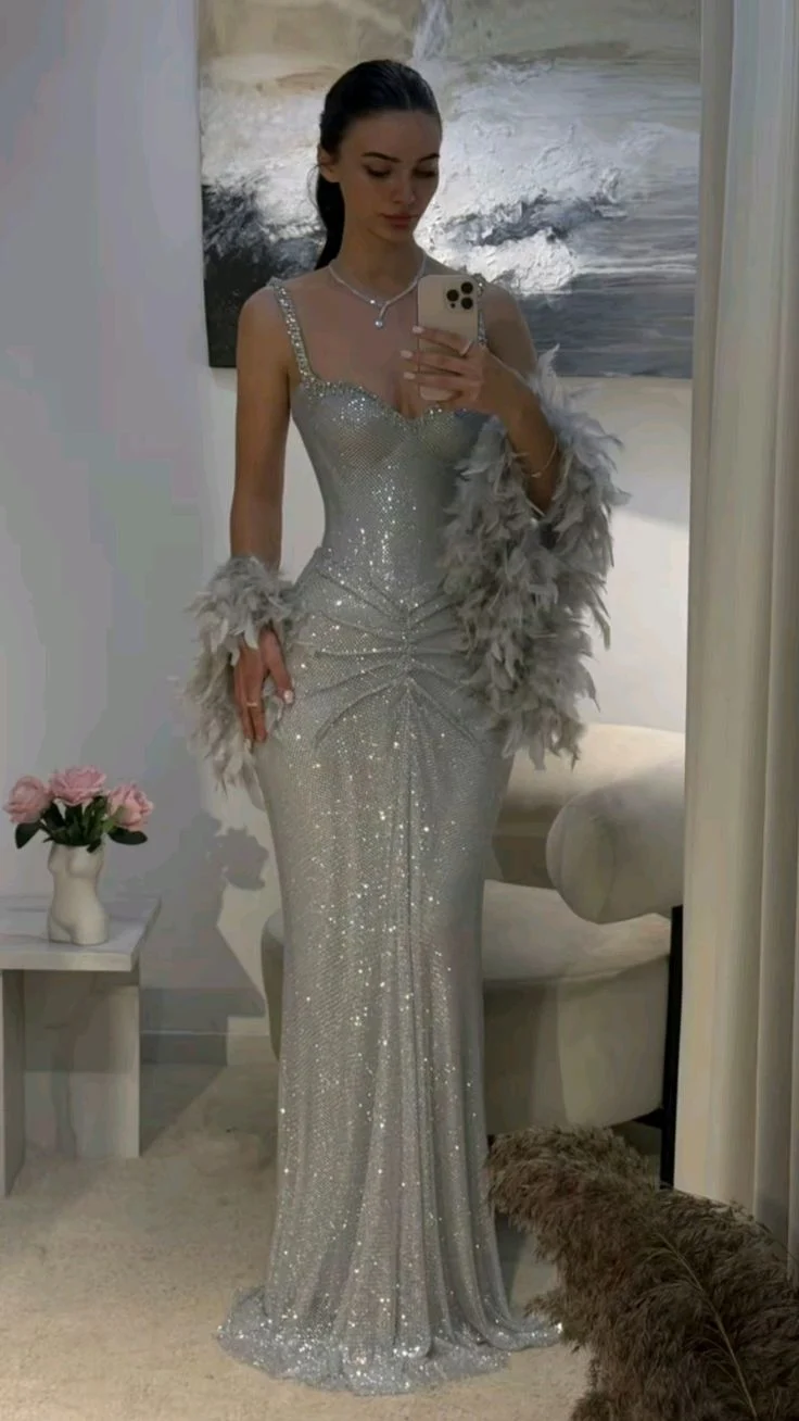 Gorgeous Spaghetti Strap Sequins Long Birthday Party Dress Silver Mermaid Long Evening Dresses D4520
