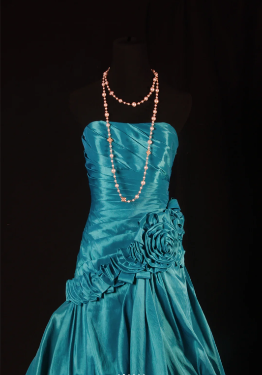 Vintage Strapless Blue Green Satin Pleated Floral Mermaid Long Party Dress Evening Gown D2230