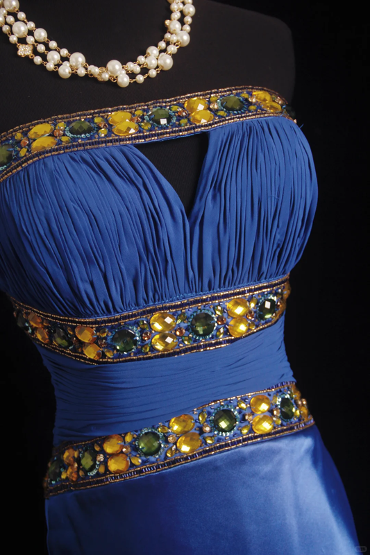 Elegant Strapless Blue Satin Chiffon Beaded Mermaid Long Evening Dress Birthday Party Dress D2855