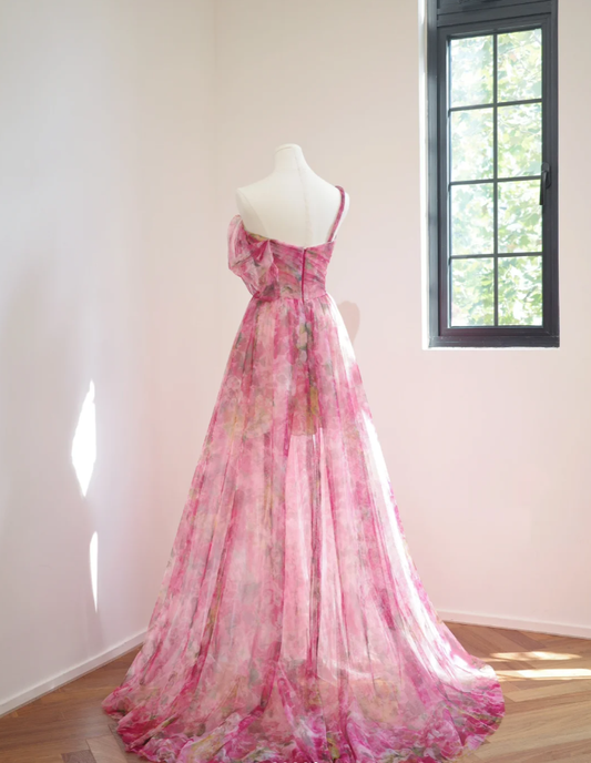 Beautiful Pink Spaghetti Straps Rose Flowers Tulle Long Party Dress Evening Gown D2161