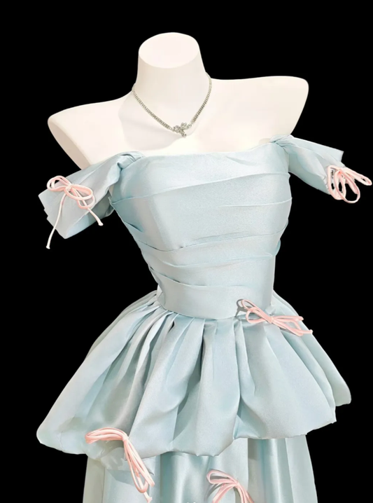 Pretty Blue Off The Shoulder Satin Long Birthday Party Dress Prom Gown With Bow D2337