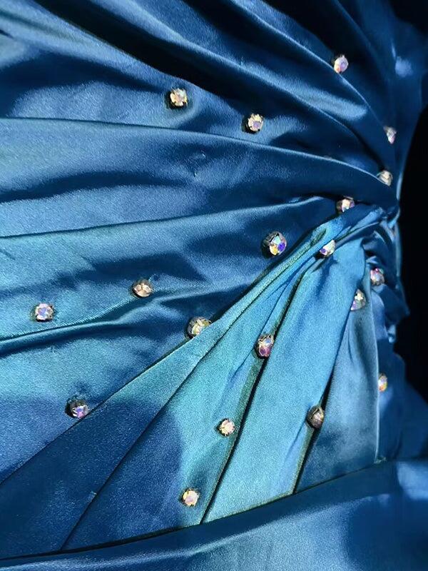 Vintage Spaghetti Straps Navy Blue Satin Pleated Short Homecoming Dress Cocktail Dress D4500