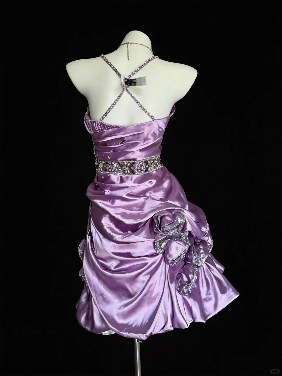 Pretty Spaghetti Straps Satin Beaded Short Party Dress Purple Short Homecoming Dress D5217