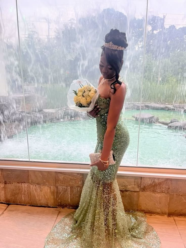 Sparkly Green Sequin Beaded Mermaid Long Party Dress Birthday Prom Gown D1346