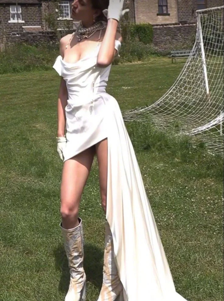 Classy White Satin Sheath Birthday Dress Off The Shoulder Short Wedding Dress S480