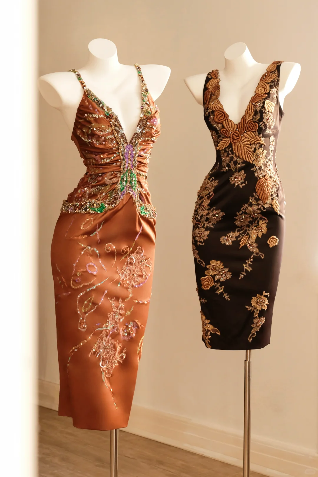 Gorgeous Spaghetti Straps Satin Sequin Beaded Midi Party Gown,Vintage Prom Dress D2730