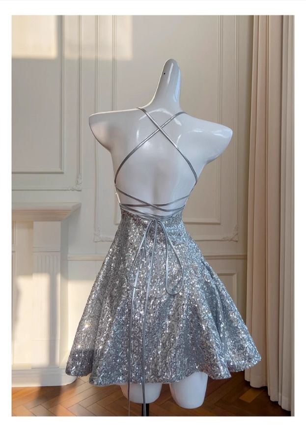 Simple Silver Spaghetti Strap A-line Sequin Homecoming Dress Cocktail Dress S436