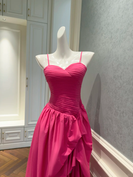 Classy Spaghetti Straps Rose Red Satin Pleated A Line Evening Dress Long Wedding Guest Dress D2980