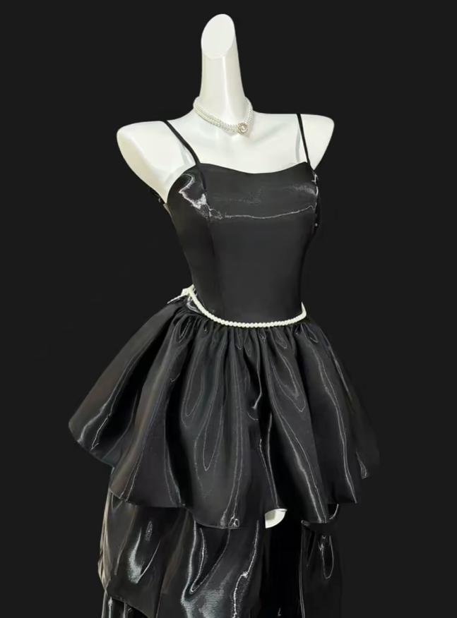 Elegant Spaghetti Straps Black Satin Layered Birthday Dress Prom Dress D4151