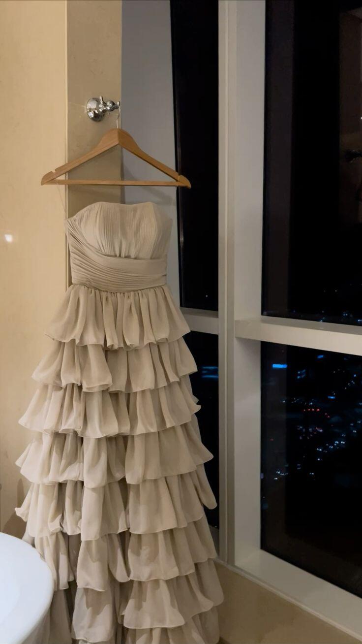 Vintage Strapless Chiffon Layered Long Party Dress Evening Gown D4757