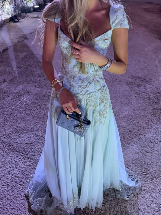 Glamorous Beaded Tulle Sequin Mermaid Long Prom Dress Ice Blue Long Party Dress D4623