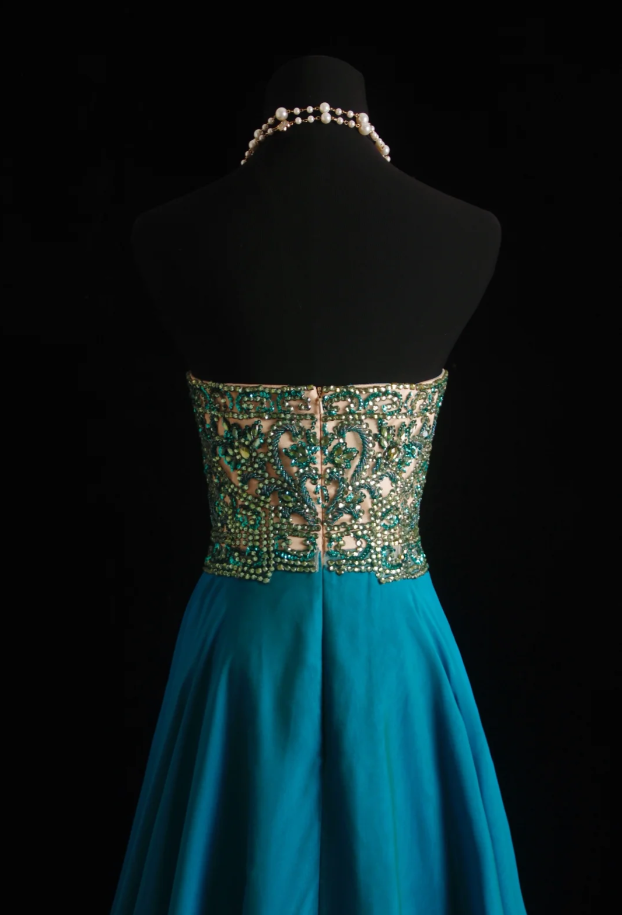 Unique Blue Green Strapless Satin Beaded Long Wedding Guest Dress Formal Birthday Party Dress Prom Gown D1999