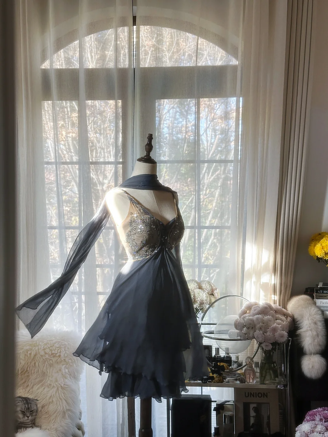 Stylish Spaghetti Straps V Neck Chiffon Sequin Cocktail Dress Blue Short Birthday Outfits Homecoming Dress S730