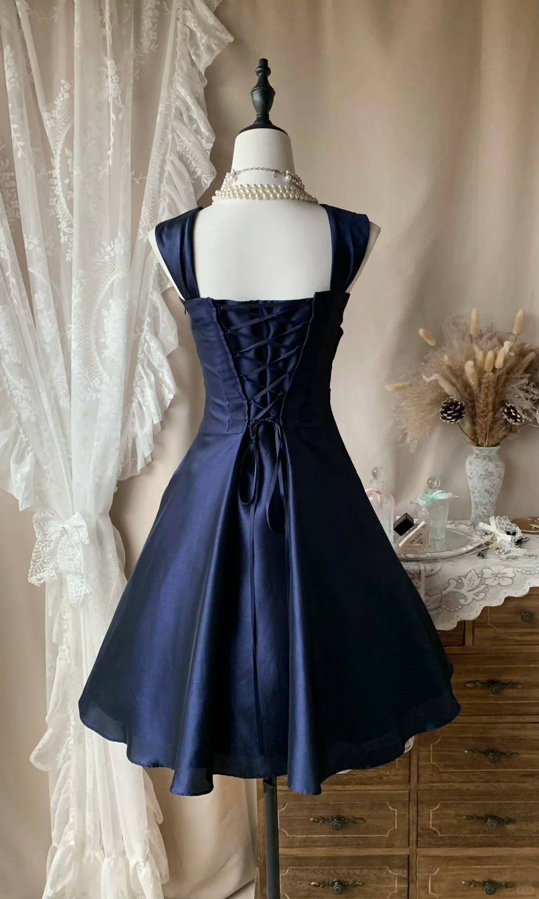 Vintage Navy Blue Satin Pleated Short 7th Grade Homecoming Dress Cocktail Dress D3177