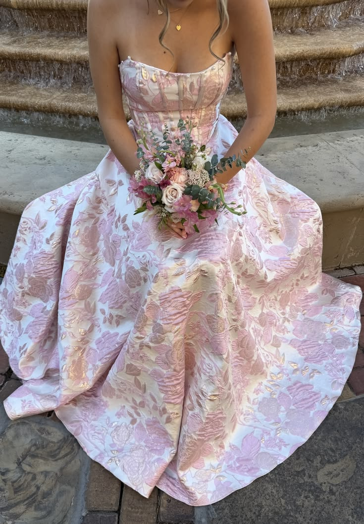 Gorgeous Pink Strapless Satin Print Floral Long Party Dress Birthday Prom Dress D4363