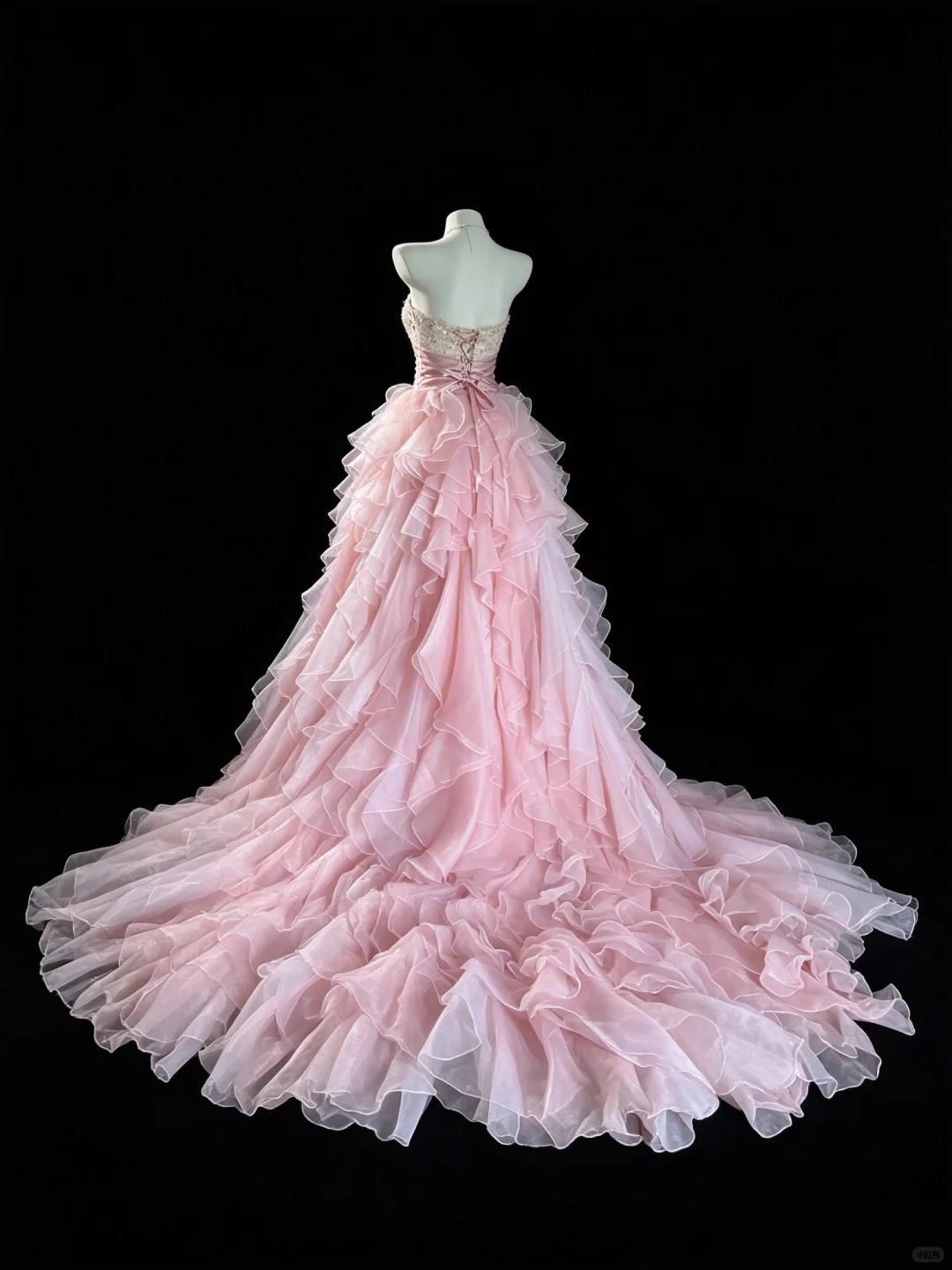 Pretty Strapless Lace Beaded Chiffon Ruffle Pink Long Party Dress Evening Dress D5295