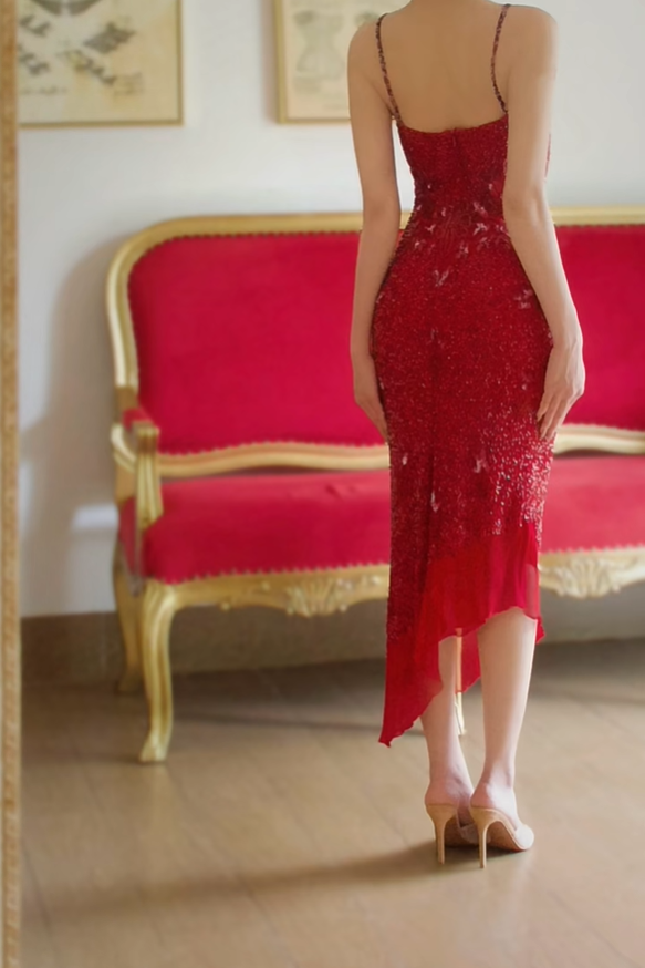 Charming Red Spaghetti Straps Chiffon Floral Beaded Long Party Dress Prom Dress D2887