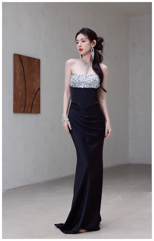 Fashion Black Strapless Satin Sequin Beaded Mermaid Evening Dress Long Wedding Guest Dress D2453