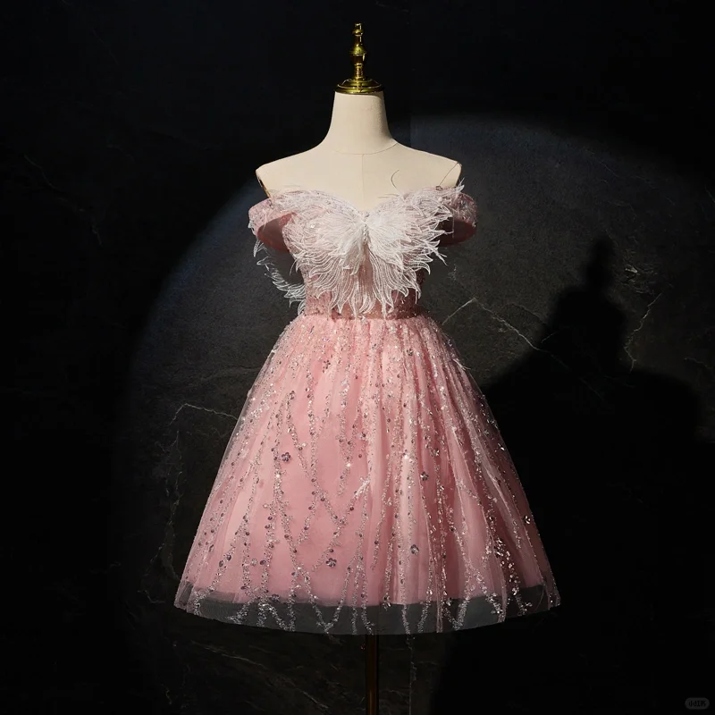 Stylish Pink Off The Shoulder Tulle Beaded A Line Short Party Dress 15th Birthday Outfits D597