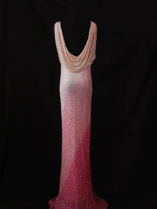 Glamorous Sleeveless Ombre Pink Satin Beaded Mermaid Long Evening Gown Birthday Outfits D2283