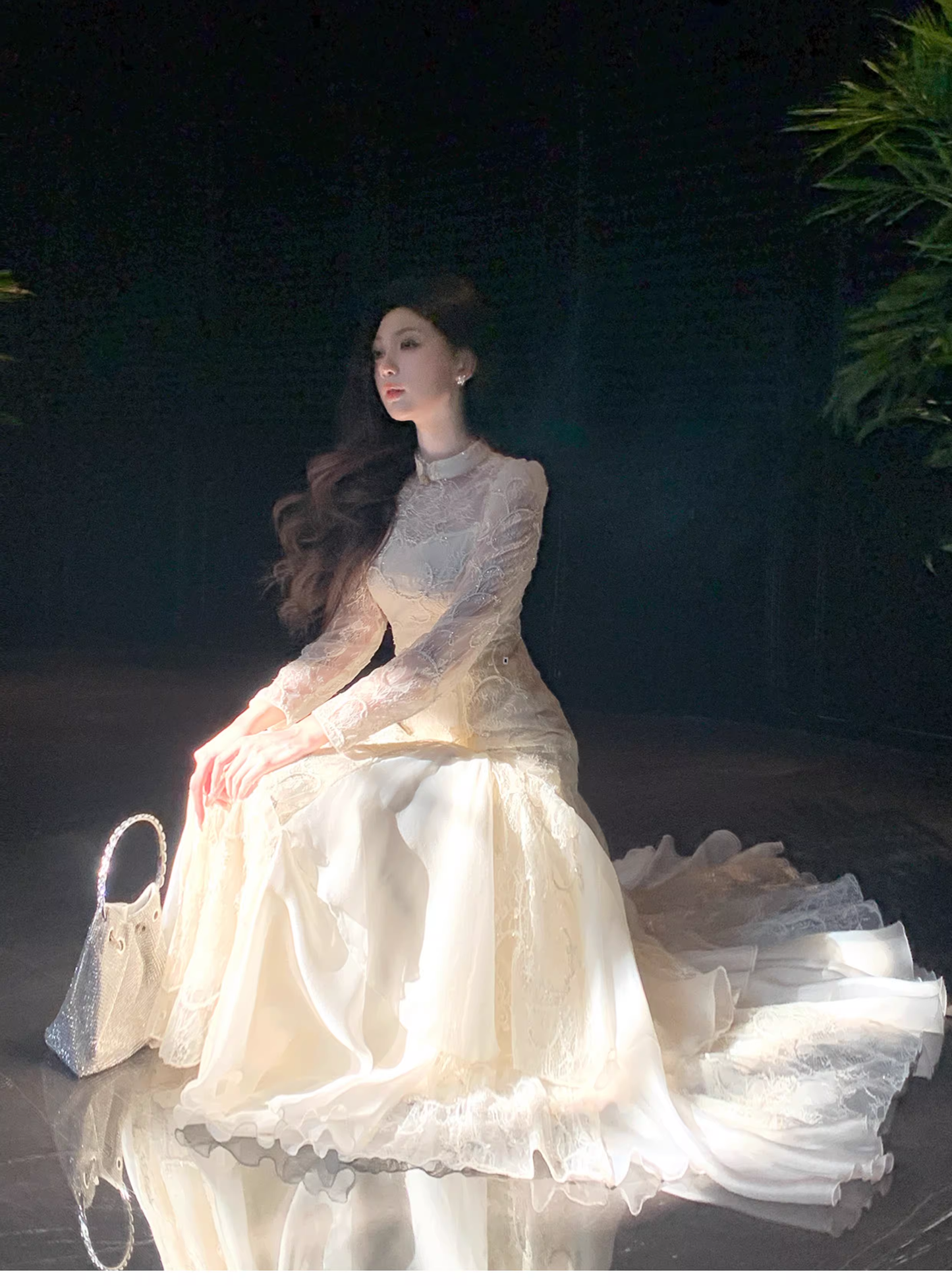 Pretty Beige Tulle Lace Mermaid Long Evening Dress Birthday Prom Dress D2181