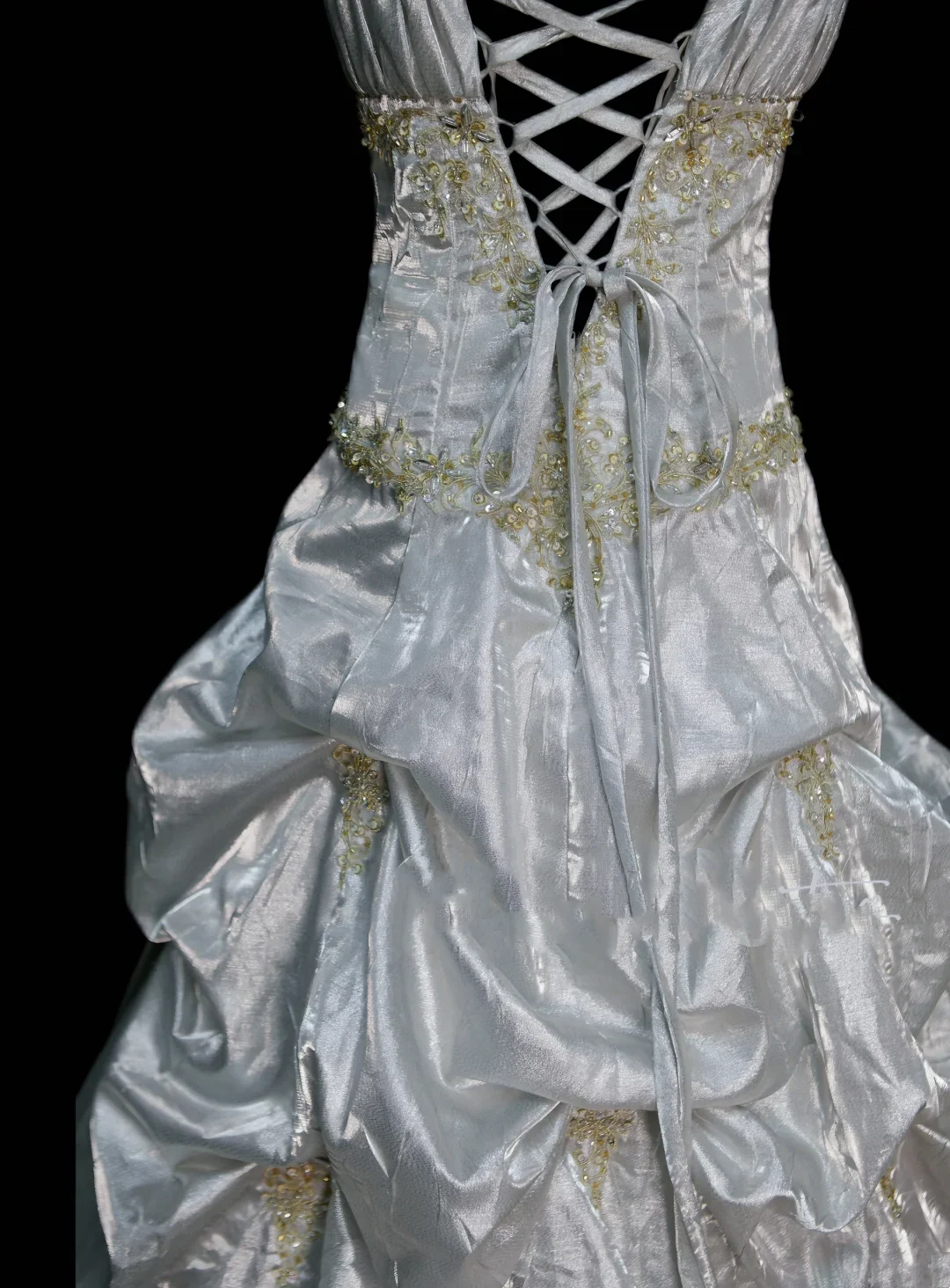 Chic Ball Gown Spaghetti Straps White Satin Pleated Beaded Long Party Dress Evening Dress D4514