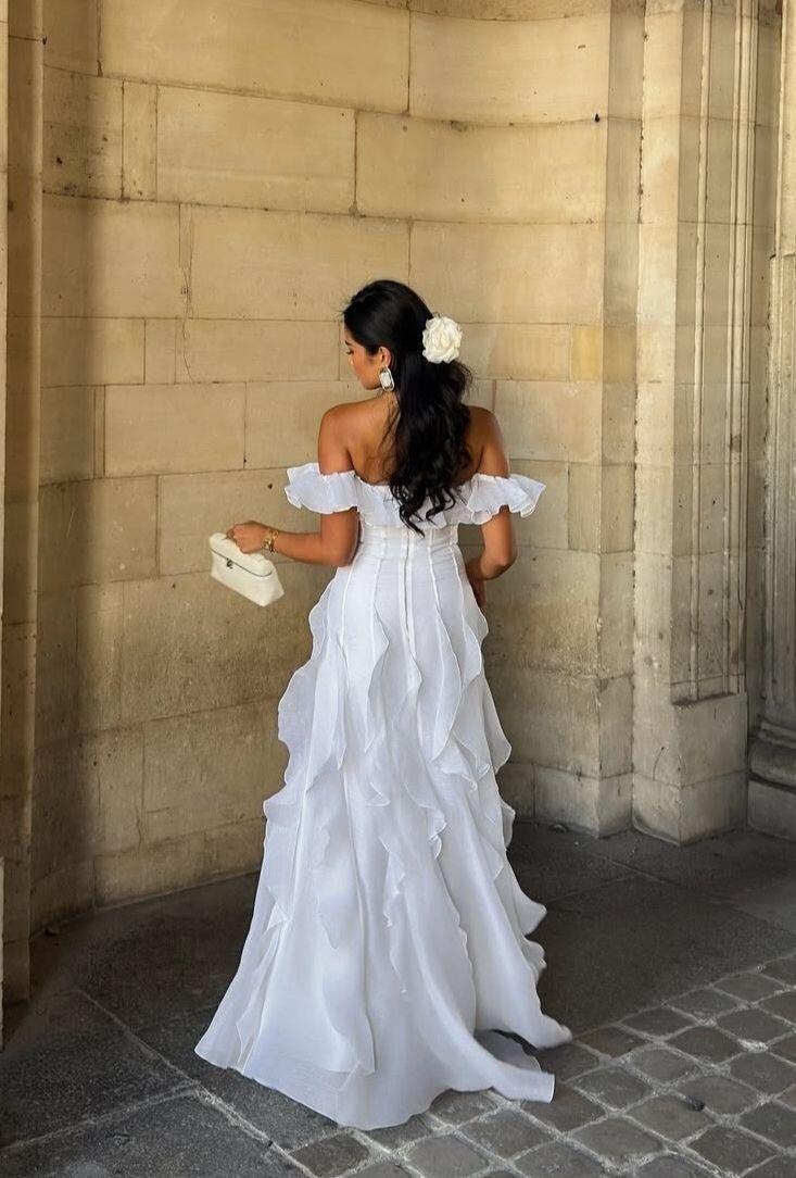 Pretty Off The Shoulder Tulle Ruffle A Line Party Dress White Long Prom Dress D5050