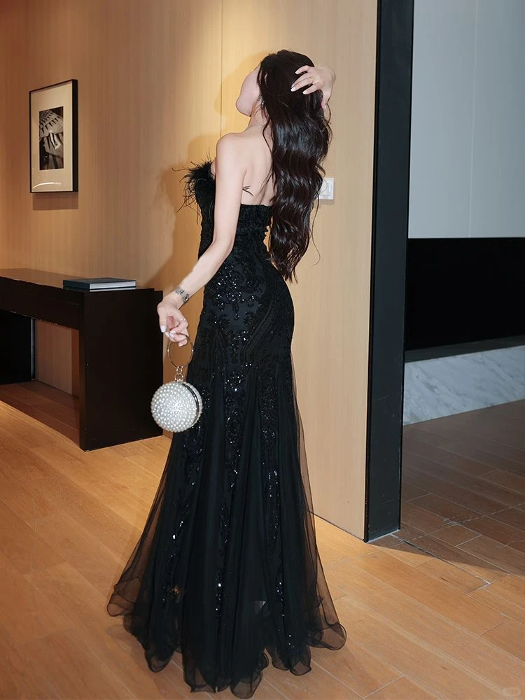 Gorgeous Feathers Strapless Black Tulle Sequin Mermaid Long Evening Dress Party Gown D2497