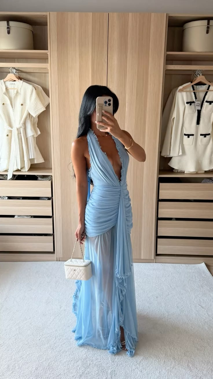Elegant Halter V Neck Chiffon Pleated Mermaid Long Evening Dress Blue Birthday Party Gown D4802
