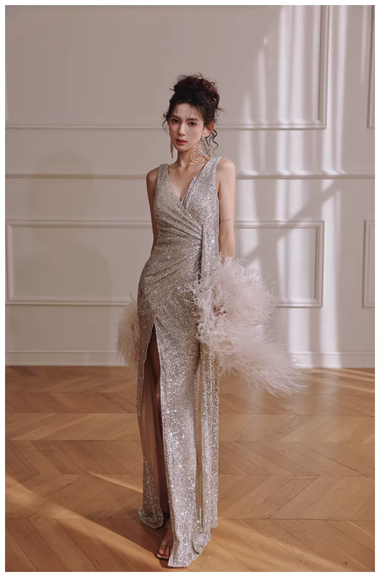 Glitter V Neck Silver Sequin Slit Mermaid Long Evening Dress Birthday Dress D2420