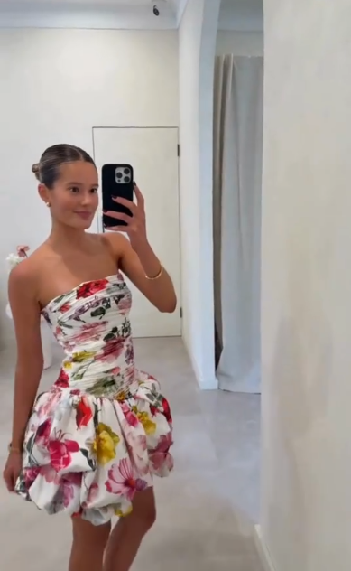 Pretty Strapless Satin Print Floral Pleated A Line Short Homecoming Dress Formal 20th Birthday Outfits D743