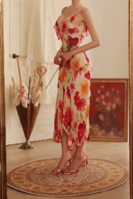 Pretty Spaghetti Straps V Neck Chiffon Print Floral Mermaid Long Evening Dress Birthday Dress D2779