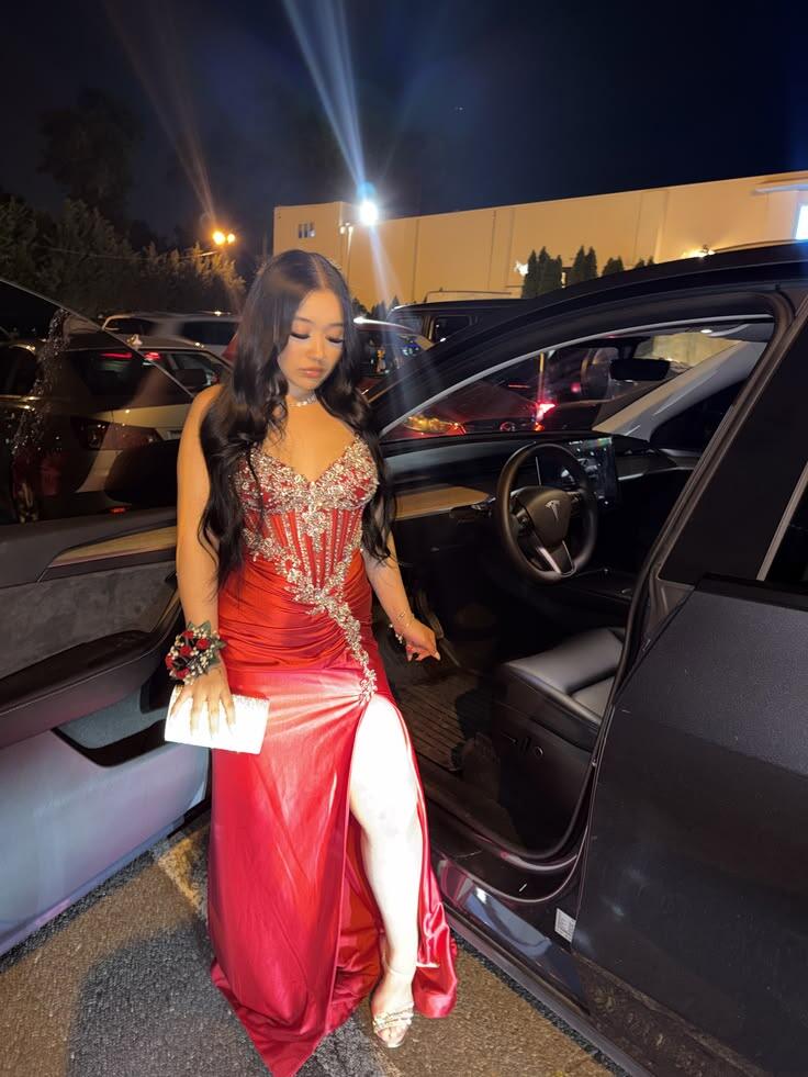 Sexy Red Satin Beaded Slit Party Dress Red Mermaid Long Evening Dresses D5200
