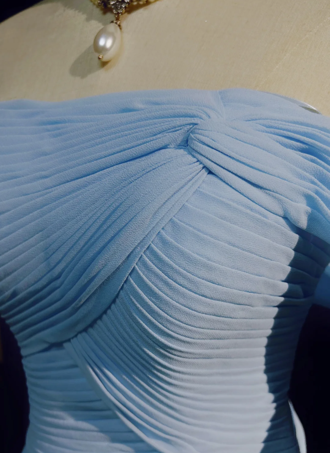 Classy Sky Blue One Shoulder Chiffon Pleated Mermaid Party Dress Long Wedding Guest Dress Evening Gown D1851