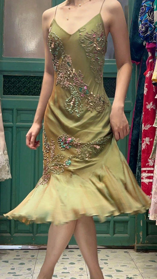 Vintage Spaghetti Straps Olive Green Satin Chiffon Beaded Mermaid Long Party Dress Backless Prom Gown D3479