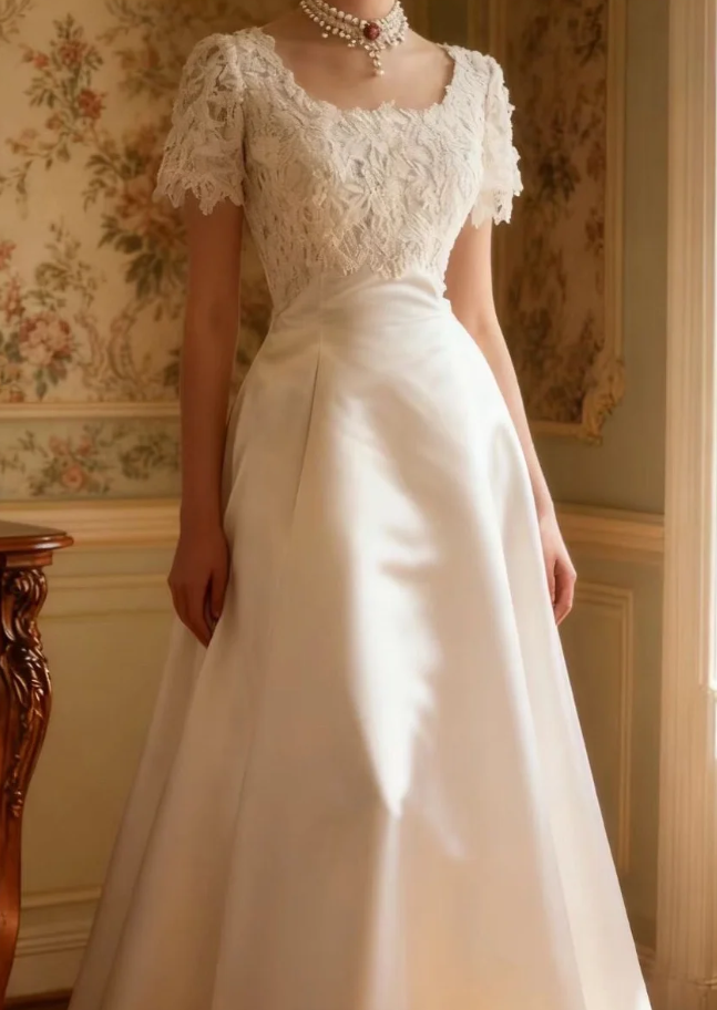 Classy Lace Appliques Satin A Line White Long Wedding Dress Bridal Dress D1269