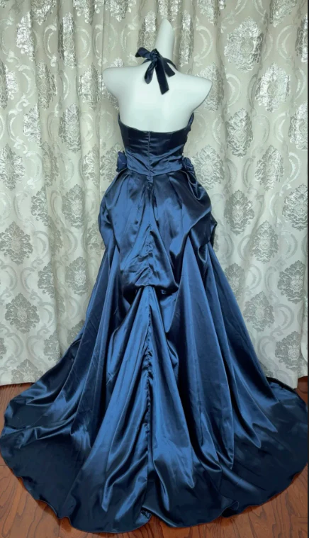 Retro Halter Navy Blue Satin Pleated Ball Gown Long Party Dress D1042