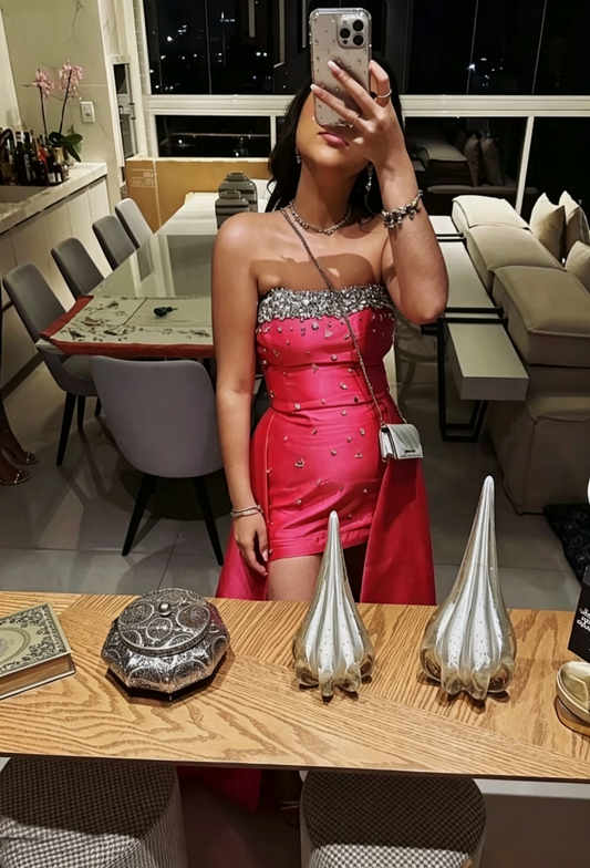 Gorgeous Hot Pink Strapless Satin Beaded Sheath Short Homecoming Dress Birthday Outfits D3228
