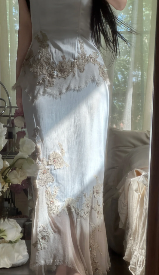 Vintage White Satin Appliques Chiffon Mermaid Long Birthday Prom Dress Party Gown D2303