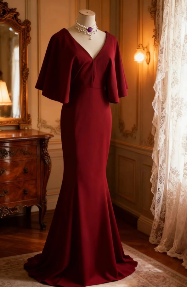 Vintage V Neck Burgundy Satin Mermaid Evening Dress Backless Long Birthday Party Dress D1272