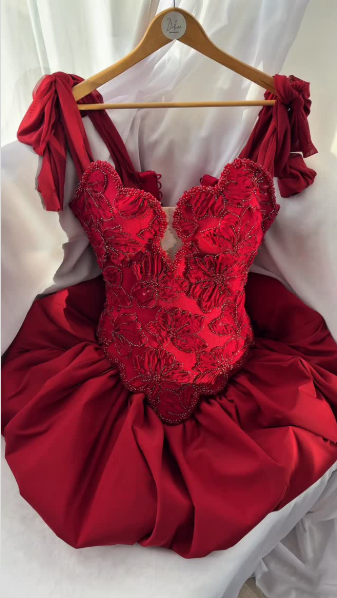 Pretty Red Satin Floral Beaded A Line Short Graduation Homecoming Dress,Formal 15th Birthday Outfits D3824