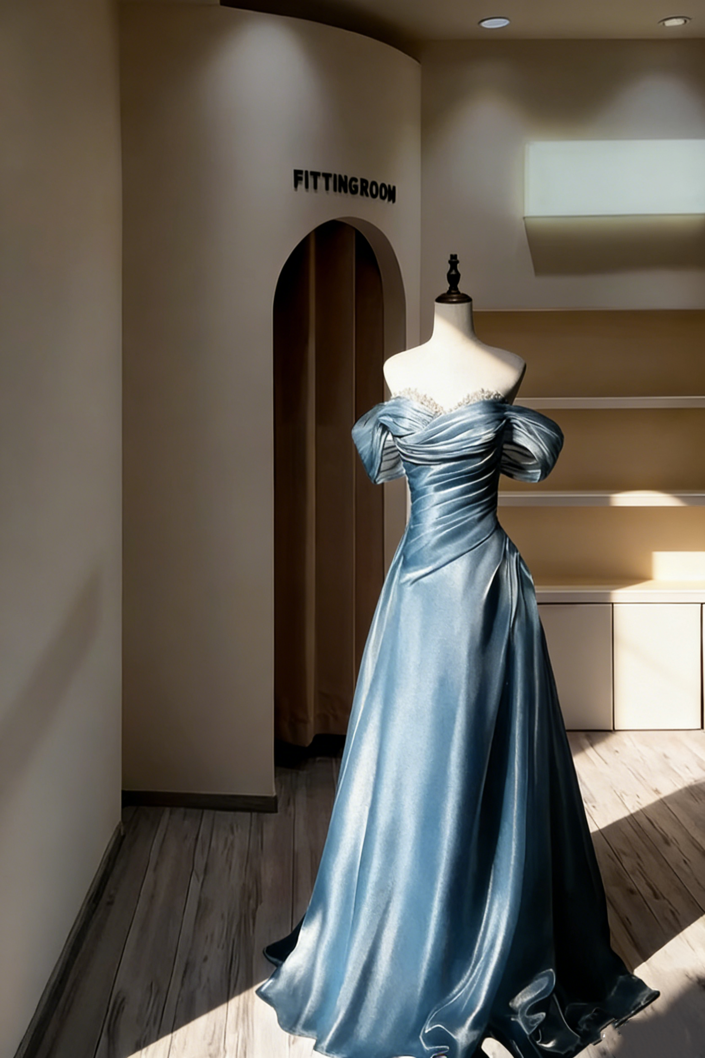 Charming Off The Shoulder Ball Gown Blue Satin Pleated Beaded Long Party Dress Evening Gown D2390